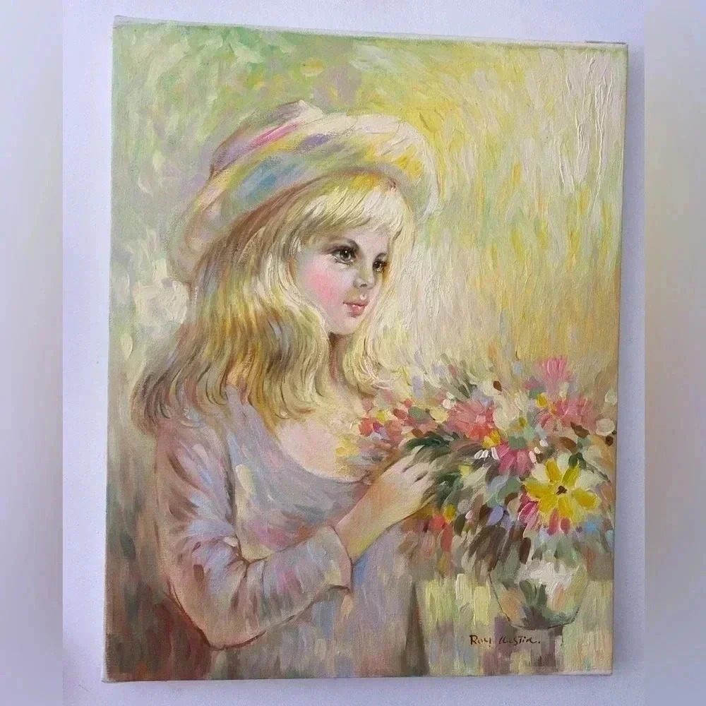 Original Handmade painting By Roy Austin Blonde girl with Flowers